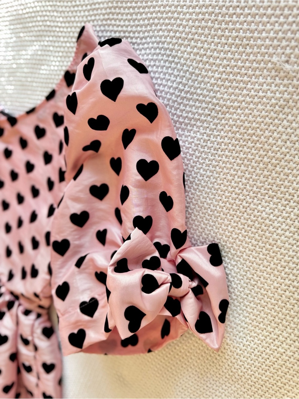 LOVESHACKFANCY Pink Taffeta & Black Velvet Heart Peplum Top Puff Sleeve Blouse - Picture 10 of 16